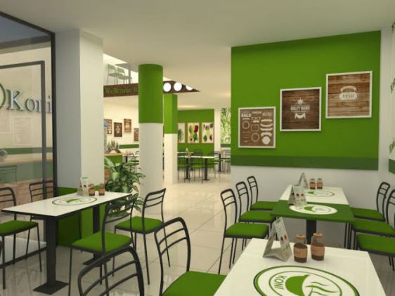 Lựa chọn màu xanh lá cây và nâu gỗ cho nhà hàng